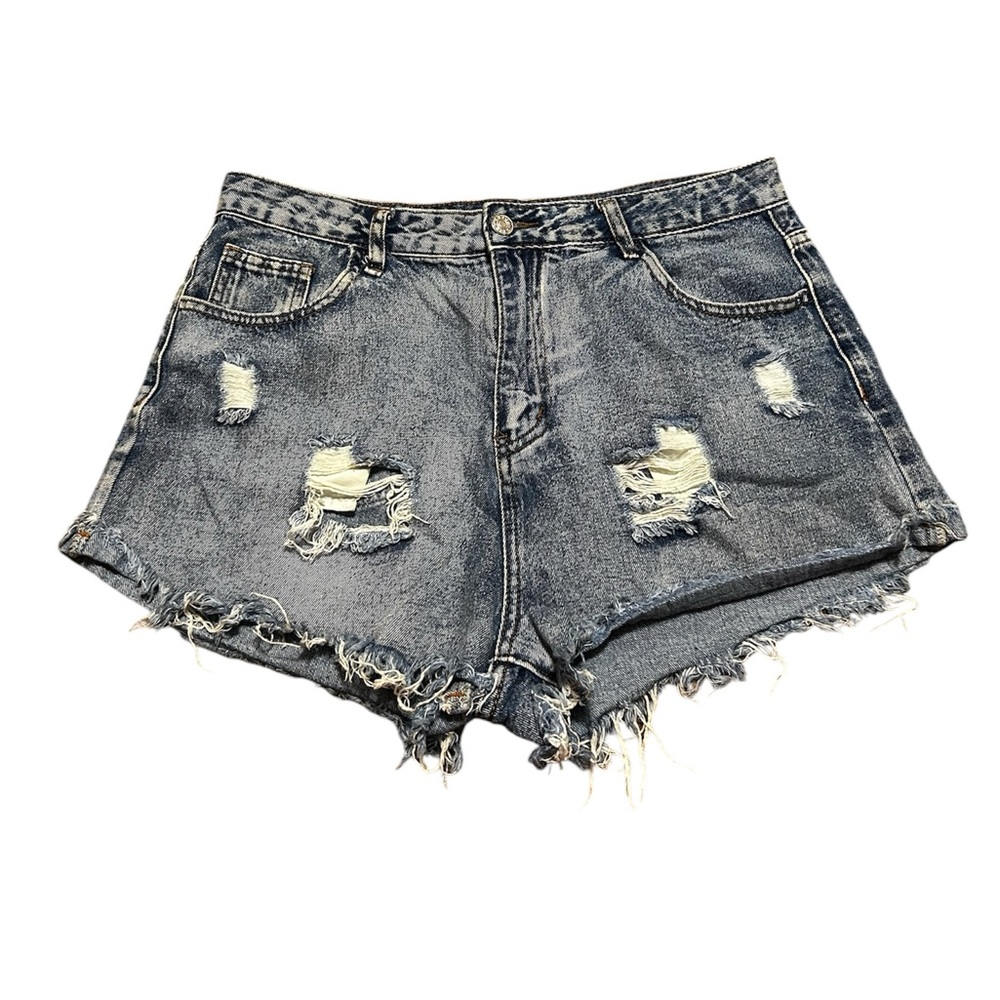 Black denim shorts with distressed details